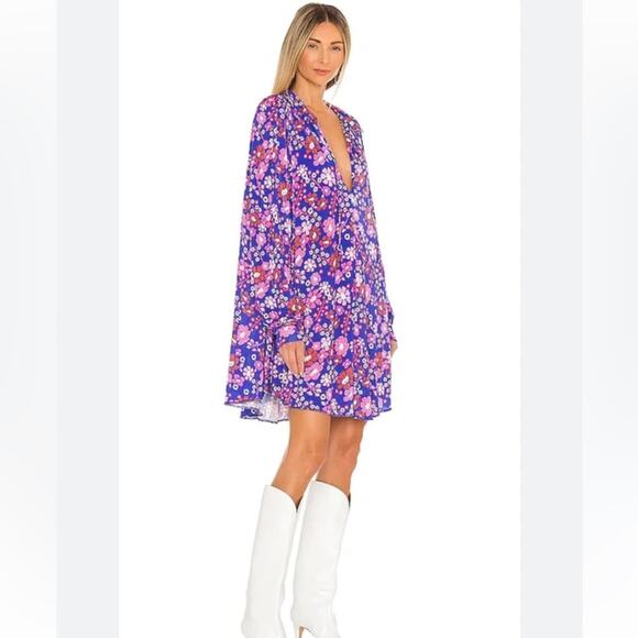 Free People DAISY JANE LONG SLEEVE MINI DRESS BLUE PURPLE BOTANICAL COMBO Small - Picture 1 of 6